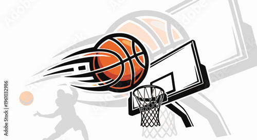 Dynamic basketball dunk illustration with motion lines and hoop