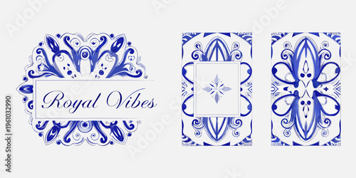Blue and white ornamental designs resembling traditional ceramic tiles