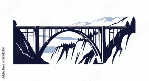 Dramatic arch bridge spans a vast canyon with mountains in distance