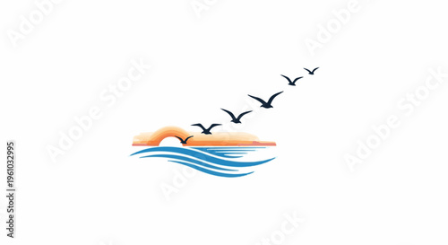 Flock of birds flies over ocean waves at sunset with arch