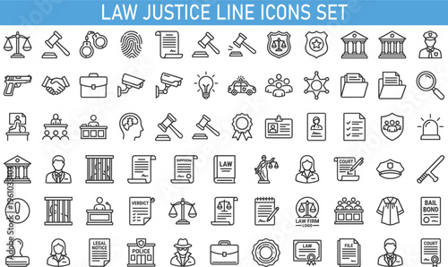 law justice line icons set, legal court police symbols collection, attorney judge crime investigation icons, modern thin line legal justice vector icon pack