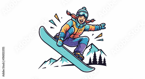 Enthusiastic female snowboarder mid-air, leaping over snowy mountains