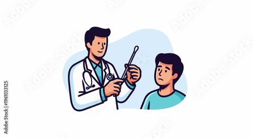 Doctor in white coat with stethoscope holds swab near apprehensive patient