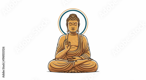 Golden Buddha statue in lotus pose with serene expression and halo