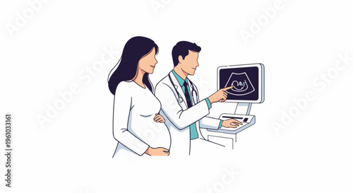 Doctor and pregnant woman view ultrasound image showing a fetus