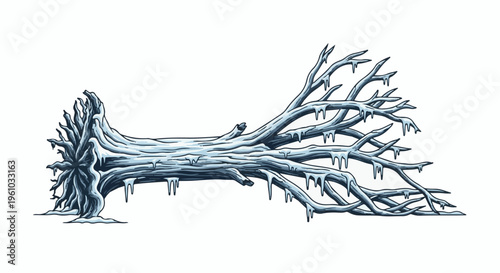 Fallen icy tree trunk with snow-covered roots and brittle branches