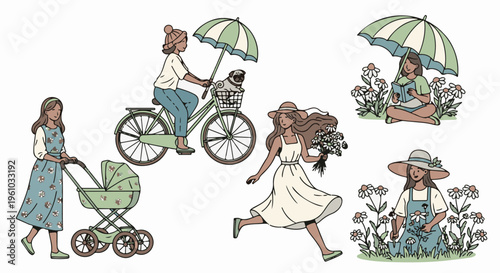 Diverse women enjoying outdoor activities cycling, gardening, reading, and strolling with a stroller