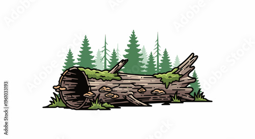 Fallen moss-covered log with mushrooms in a forest setting