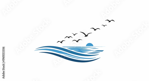 Flock of birds flying over stylized ocean waves and sun at sunset