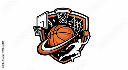 Dynamic basketball logo with player dunking and hoop