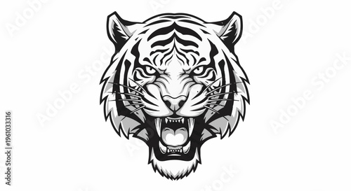 Fierce black and white tiger head illustration, snarling with teeth bared