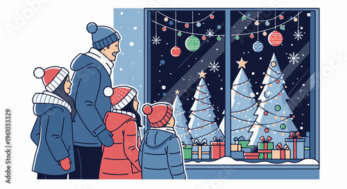 Family gazing at festive winter window display with decorated trees and gifts