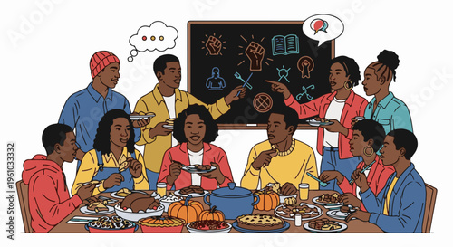 Diverse group shares festive meal and educational symbols