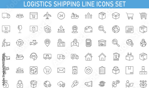 logistics shipping line icons set, delivery transport ecommerce symbols collection, warehouse cargo package tracking icons, modern thin line logistics delivery vector icon pack