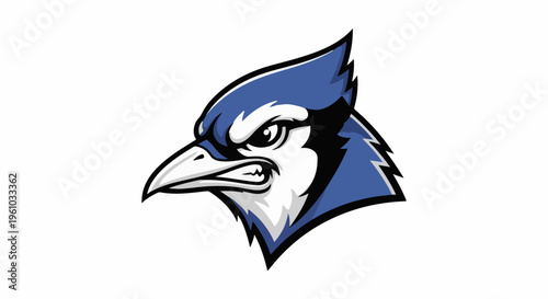 Fierce blue jay mascot head with sharp beak and aggressive expression