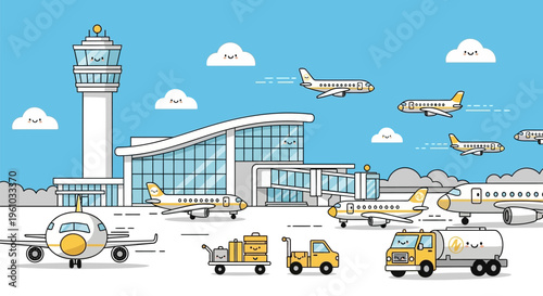 Airplane airport scene with planes taking off and landing vehicles on the tarmac and a control tower in the background on a sunny day with clouds
