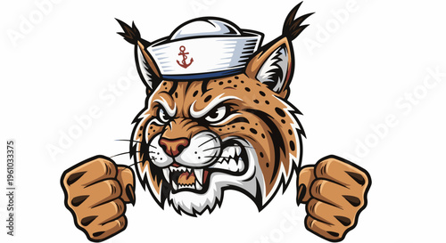 Fierce bobcat in sailor hat with clenched paws, aggressive expression, and spots