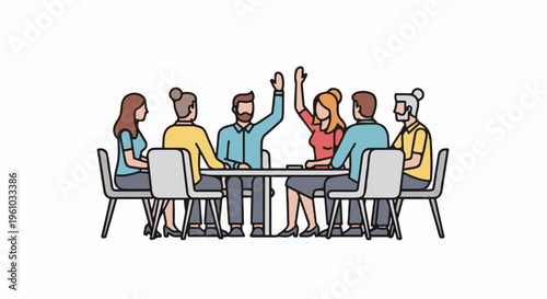 Diverse group of people sitting around table, some with hands raised