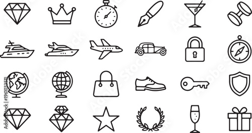 Collection of luxury icons, including travel, jewelry, and status symbols