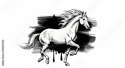 Graceful white horse with flowing mane and tail runs against dark abstract background