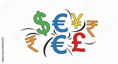 Diverse currency symbols swirl in a vibrant financial graphic