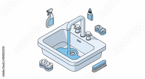 Isometric illustration of a sink with running water, cleaning supplies and sponges