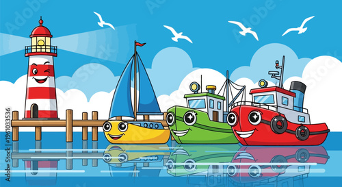 Smiling cartoon boats and lighthouse by serene waterfront with sunny sky and seagulls flying overhead