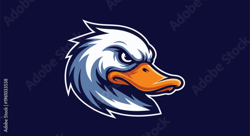 Fierce cartoon duck head with sharp blue and white feathers and orange beak