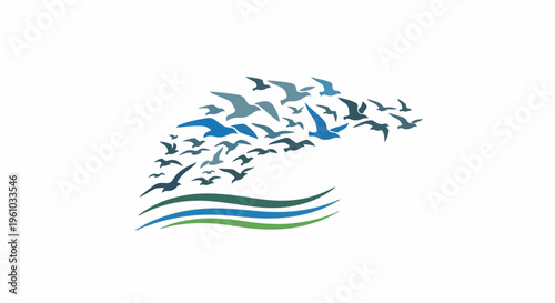 Flock of birds in flight over stylized waves