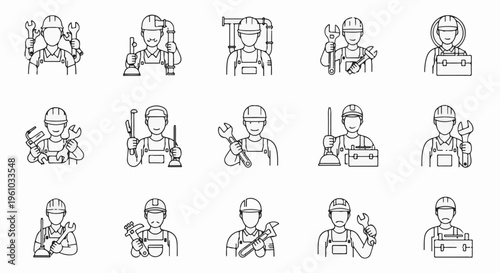 Diverse collection of hand-drawn icons representing plumbing professionals