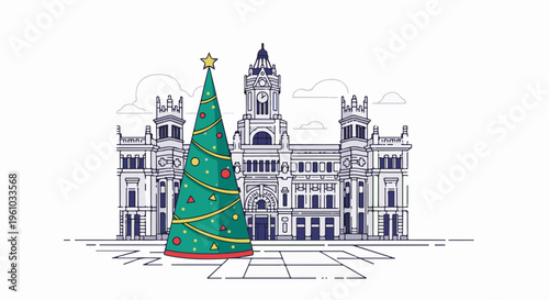 Festive tree stands before grand architecture under a cloudy sky