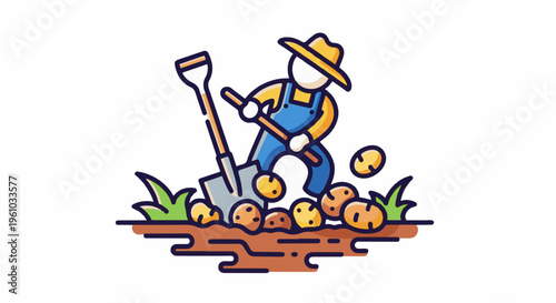 Farmer harvesting potatoes with a shovel in the soil