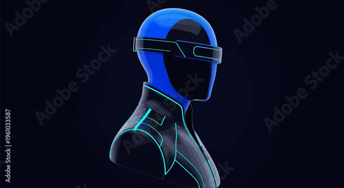 Futuristic humanoid robot with vr headset and neon blue outline against dark background with circuit pattern