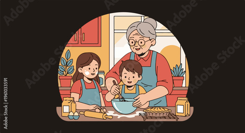 Grandmother and two children baking a pie in a cozy kitchen