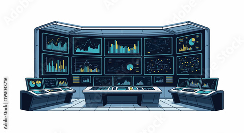 Futuristic control room with multiple screens displaying data and charts