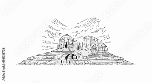 Dramatic hand-drawn sketch of towering sandstone mesas and layered rock formations under a cloudy sky