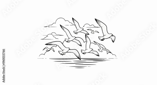 Flock of seagulls soaring over stylized water and clouds