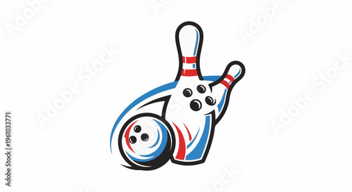 Dynamic bowling pins and ball in motion, graphic style