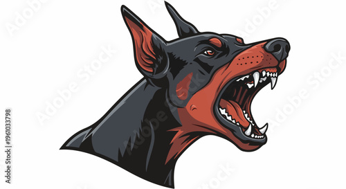 Fierce Doberman head with open mouth, sharp teeth bared, menacing expression