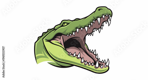 Fierce green reptile with jaws wide open, sharp teeth bared