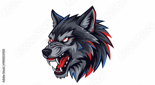 Fierce grey wolf head with glowing red eyes, bared teeth