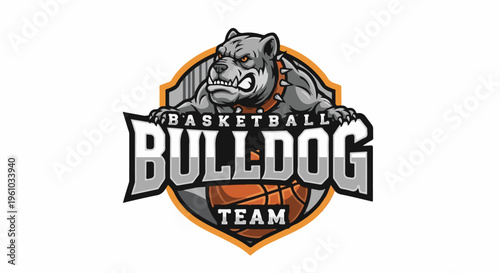 Ferocious bulldog mascot with basketball, advertising a sports team