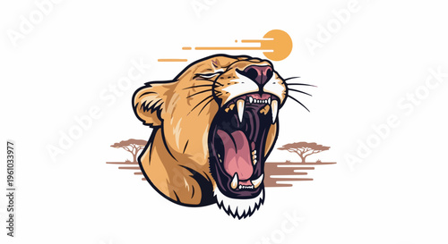 Fierce lioness roars in the savanna under a stylized sun