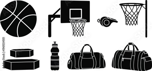 A comprehensive collection of black silhouette icons representing essential basketball equipment and gym accessories on a clean white background.