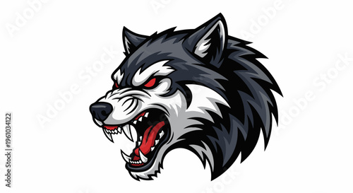 Fierce wolf head in profile, red eyes, bared teeth, sharp fangs, dark fur