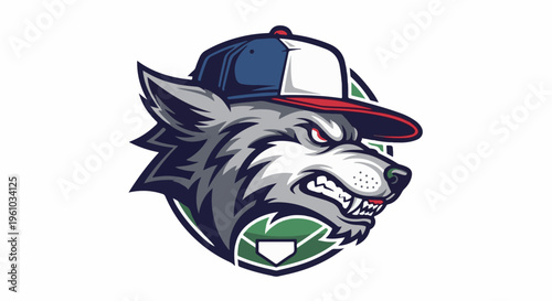 Fierce wolf head logo wearing a baseball cap, aggressive expression