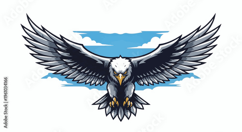 Fierce eagle with wings spread wide in front of a cloudy blue sky