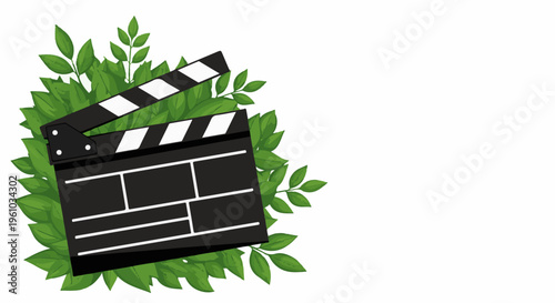 Film clapboard nestled among lush green leaves, symbolizing production