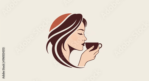Elegant woman with long hair sips a dark cup of coffee in profile