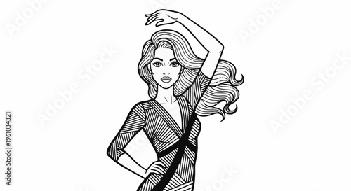 Elegant woman with long wavy hair in a stylized, patterned dress